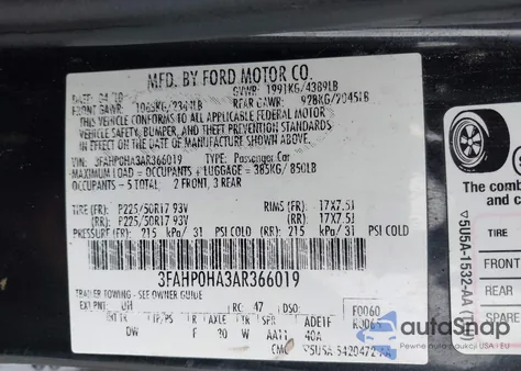 2010 Ford Fusion Se из США, поврежденный, VIN 3FAHP0HA3AR366019